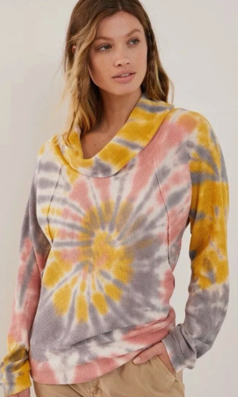 Anthropologie Pilcro Angie Mock Neck Waffle Thermal Tie Dye Shirt Size L